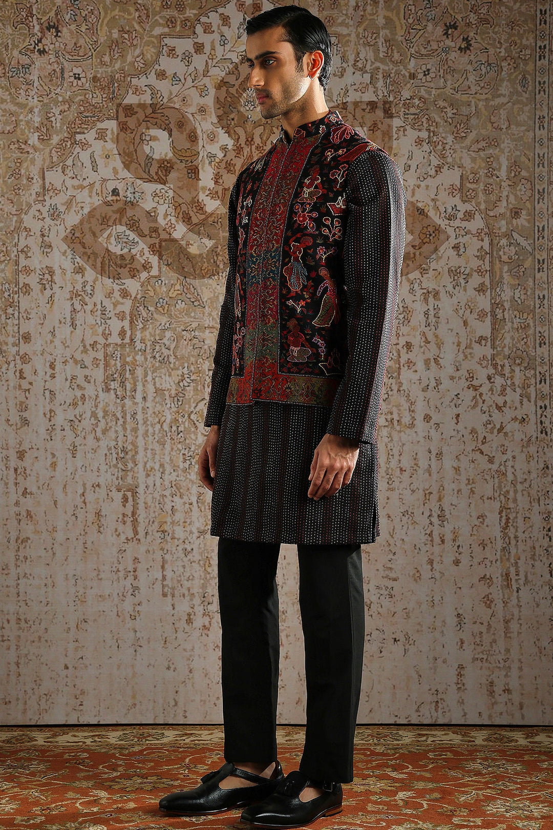 Black Textured Multi-Panel Embroidered Kurta Bundi Set
