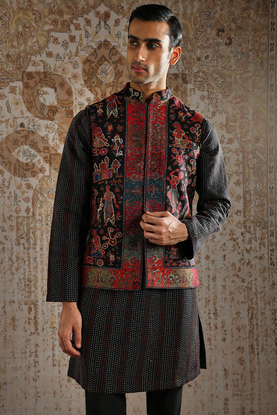 Black Textured Multi-Panel Embroidered Kurta Bundi Set