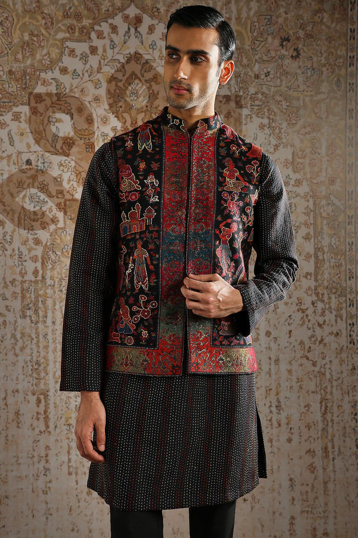 Black Textured Multi-Panel Embroidered Kurta Bundi Set