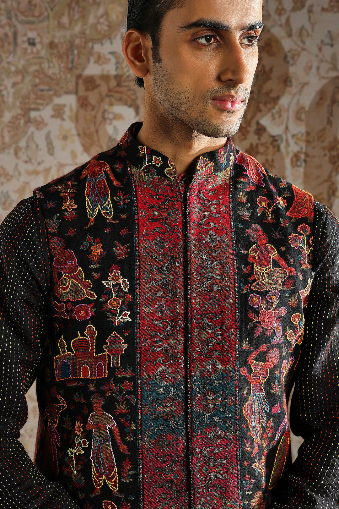 Black Textured Multi-Panel Embroidered Kurta Bundi Set