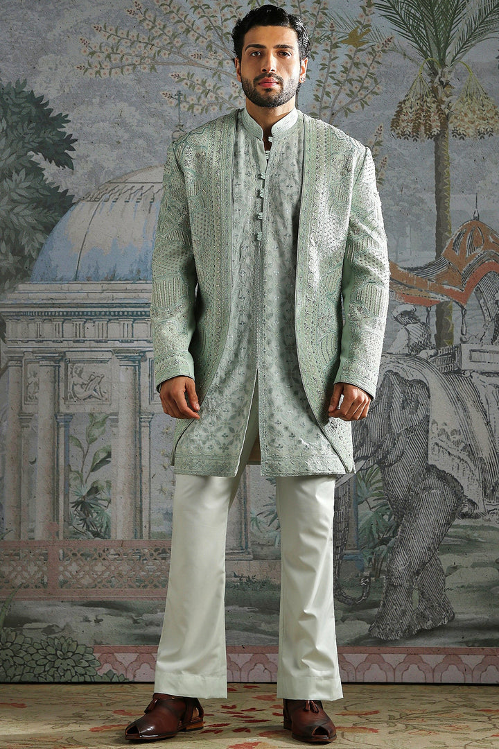 Ice Blue Royal Meadow Embroidered Sherwani Set