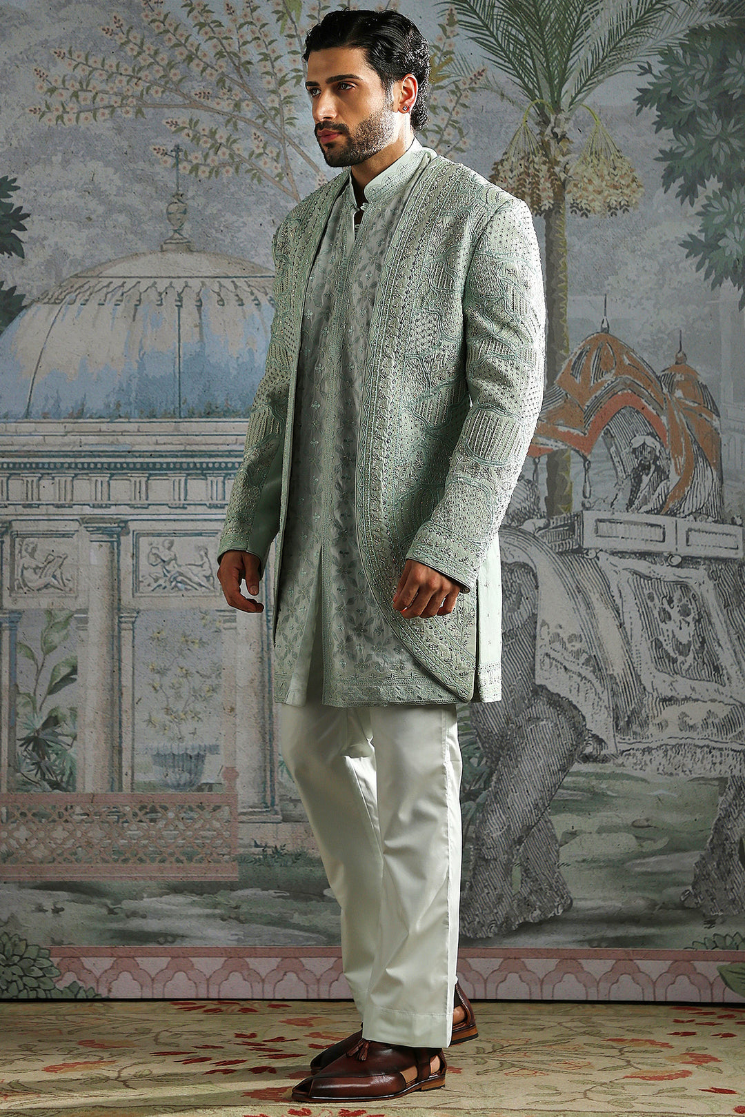 Ice Blue Royal Meadow Embroidered Sherwani Set
