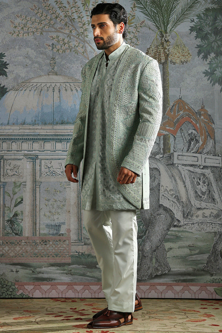 Ice Blue Royal Meadow Embroidered Sherwani Set