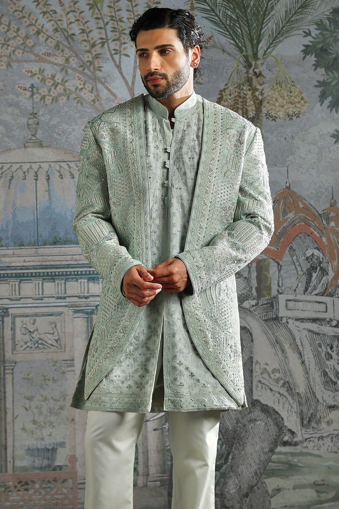 Ice Blue Royal Meadow Embroidered Sherwani Set