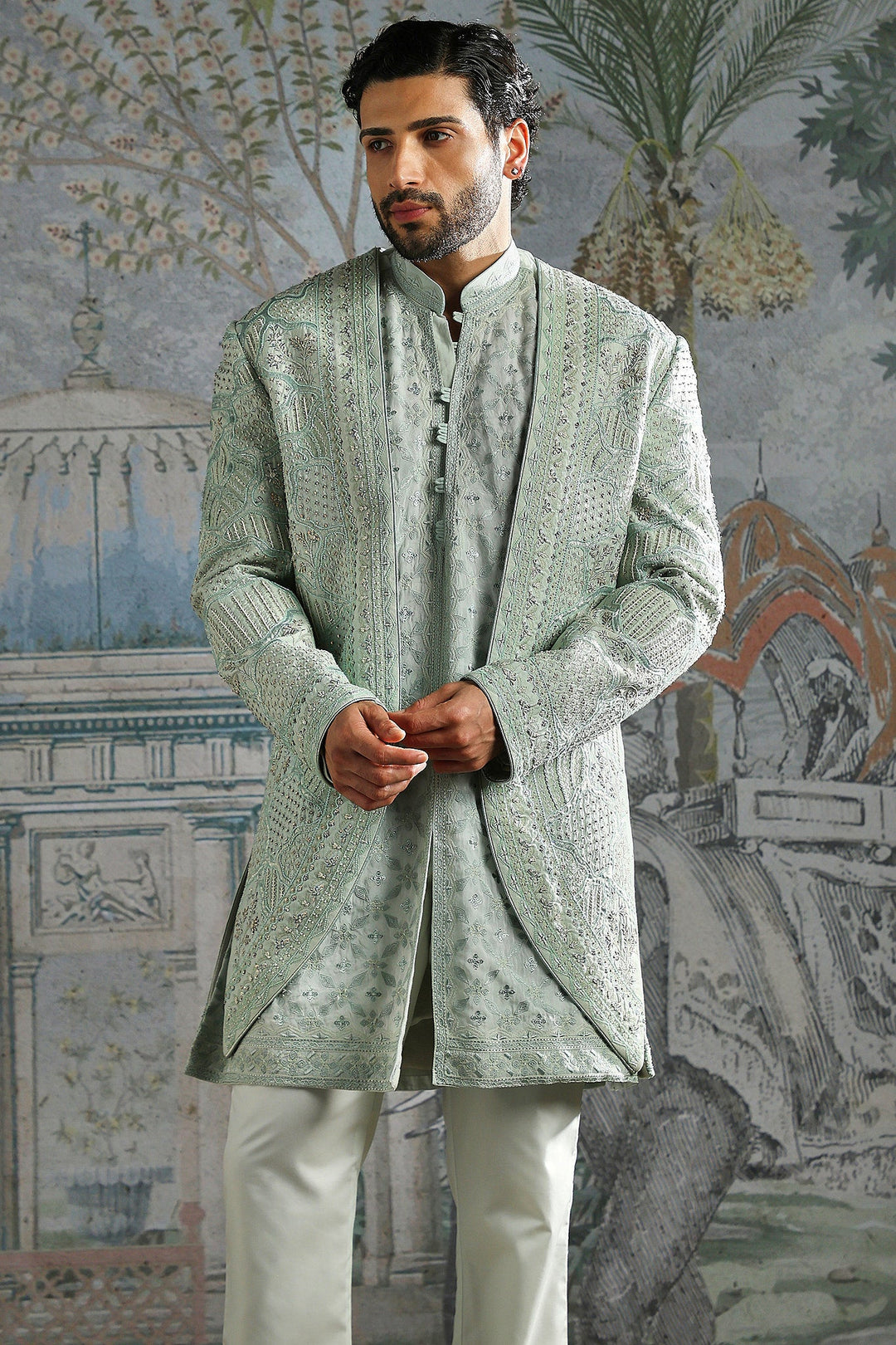Ice Blue Royal Meadow Embroidered Sherwani Set