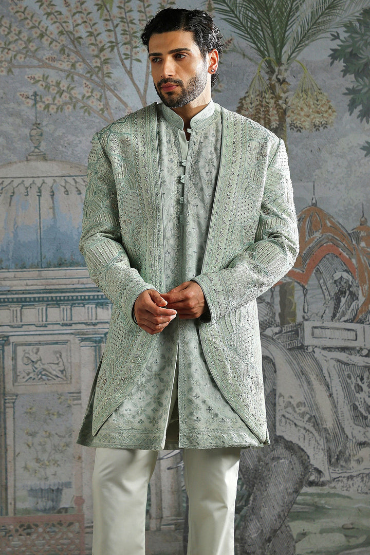 Ice Blue Royal Meadow Embroidered Sherwani Set