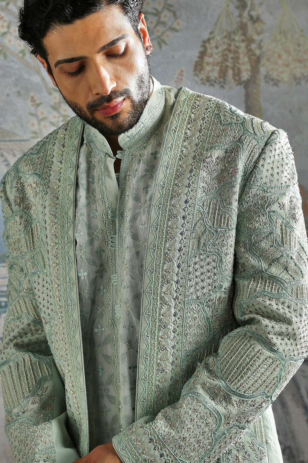 Ice Blue Royal Meadow Embroidered Sherwani Set