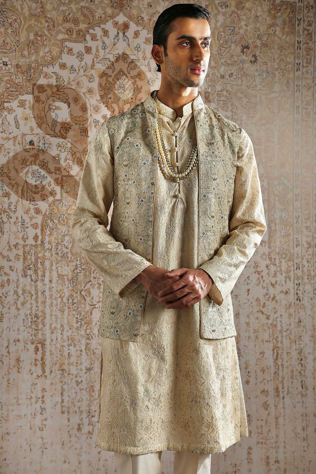 Antique Gold Detailed Brocade Kurta Bundi Set