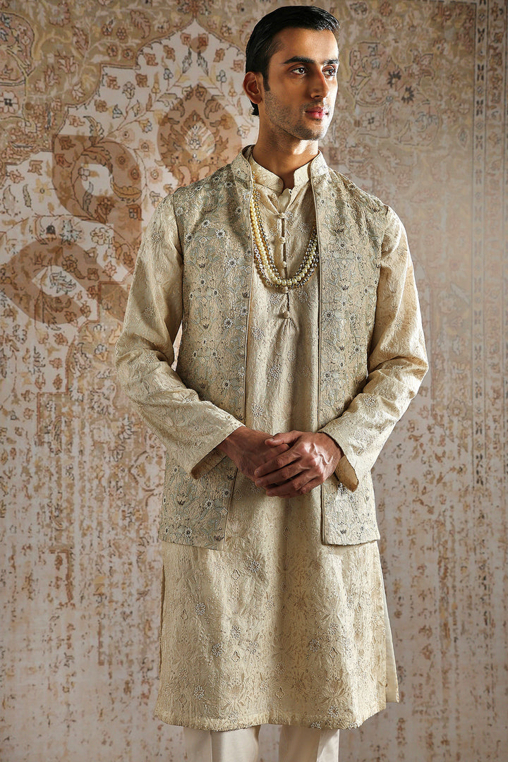 Antique Gold Detailed Brocade Kurta Bundi Set