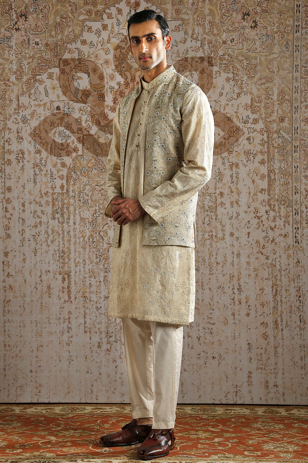 Antique Gold Detailed Brocade Kurta Bundi Set