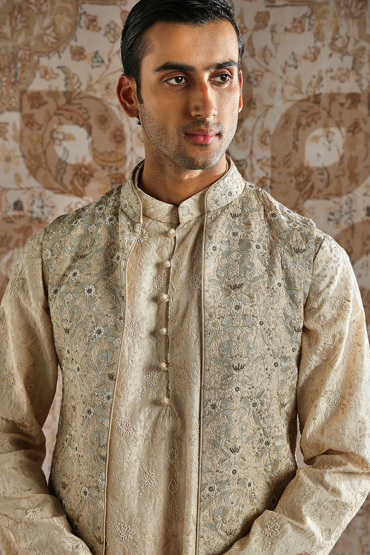 Antique Gold Detailed Brocade Kurta Bundi Set