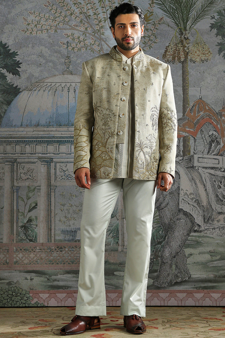 Beige Embroidered Bandhgala Set with Tonal Kurta