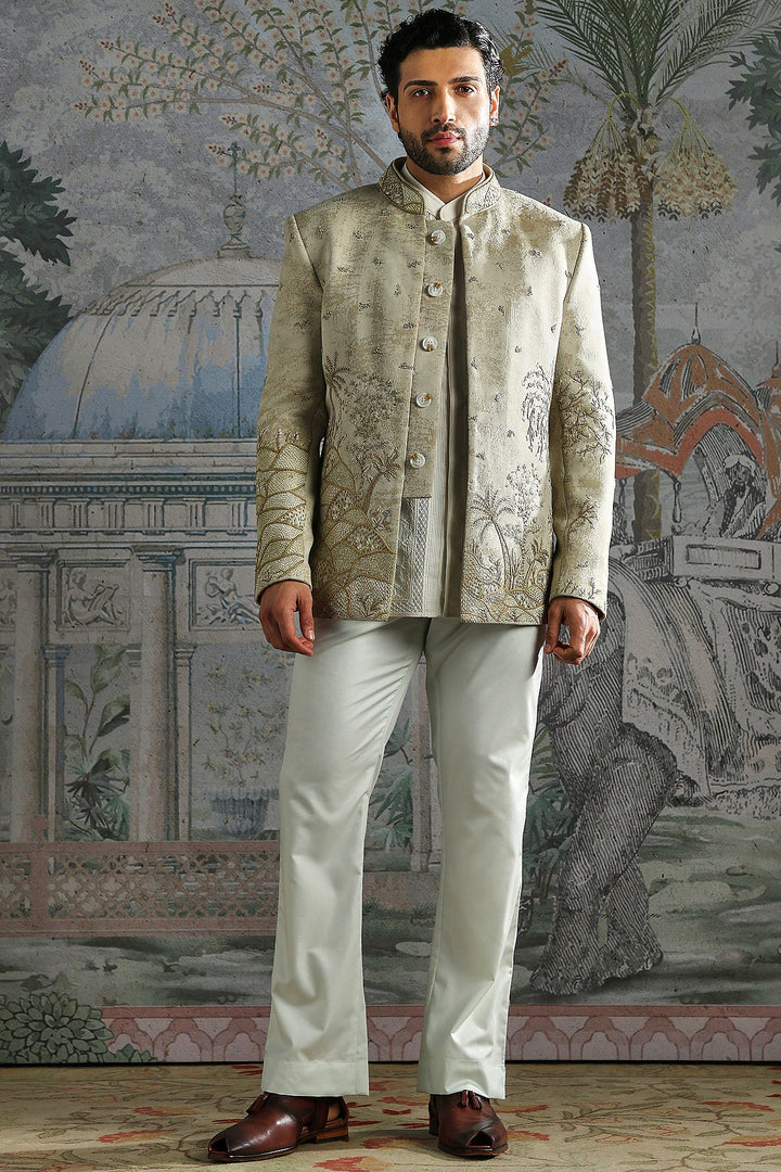 Beige Embroidered Bandhgala Set with Tonal Kurta