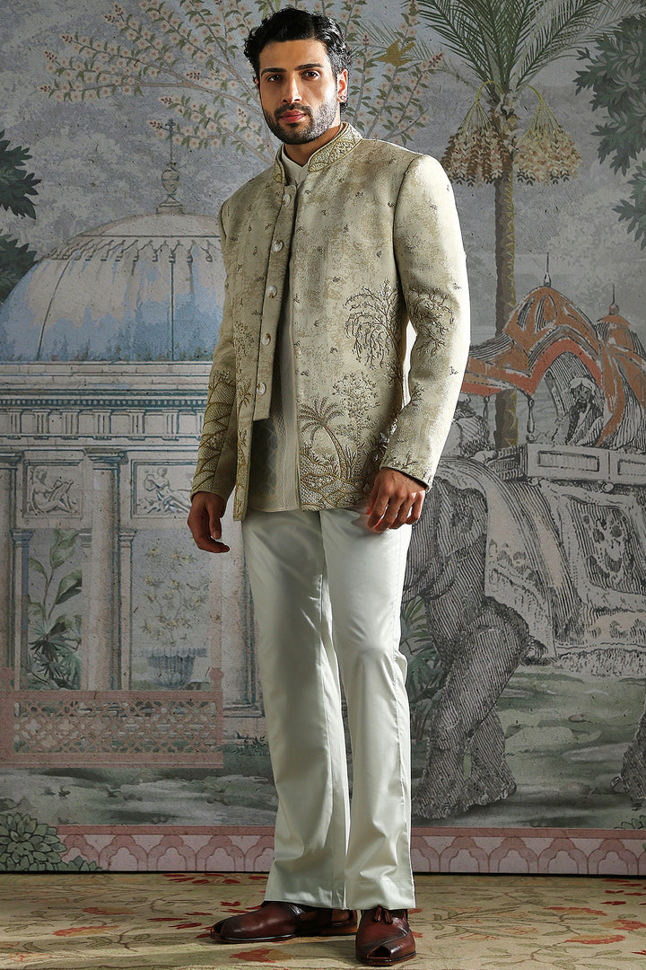 Beige Embroidered Bandhgala Set with Tonal Kurta