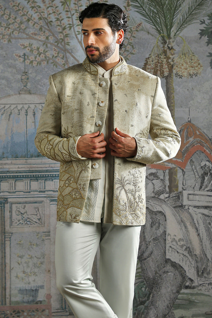 Beige Embroidered Bandhgala Set with Tonal Kurta