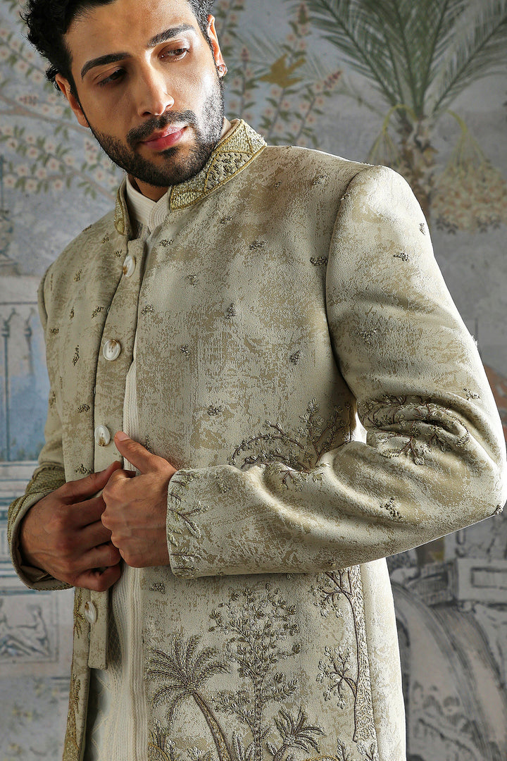 Beige Embroidered Bandhgala Set with Tonal Kurta