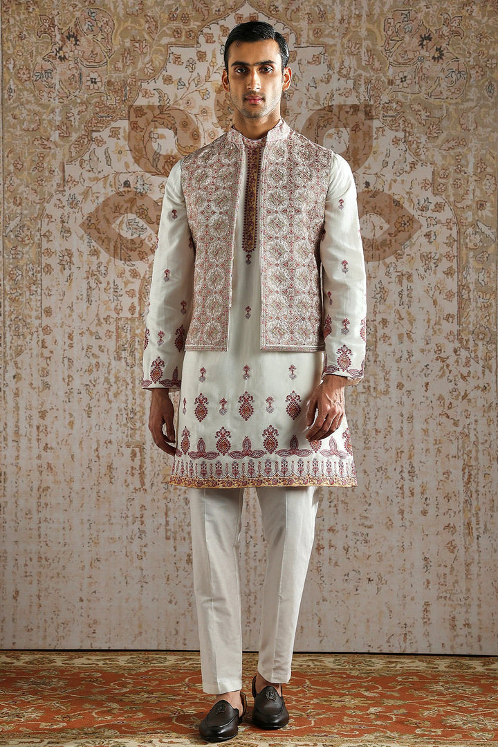 Ivory Rosewood Panel Embroidered Kurta Bundi Set