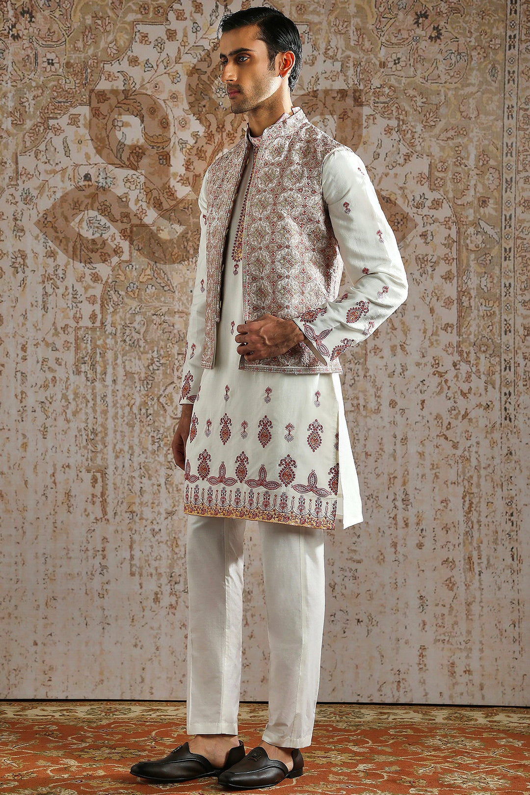 Ivory Rosewood Panel Embroidered Kurta Bundi Set
