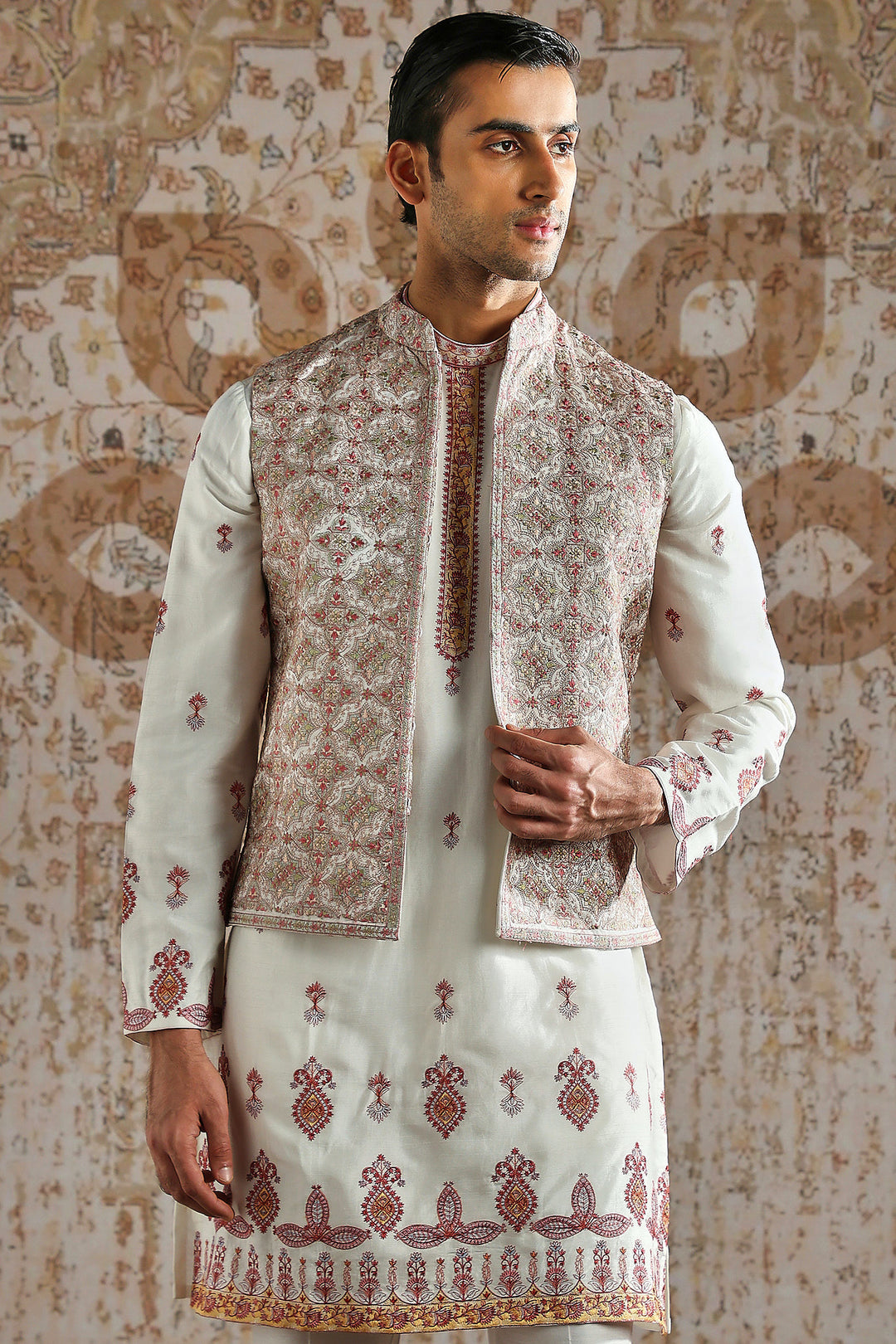 Ivory Rosewood Panel Embroidered Kurta Bundi Set