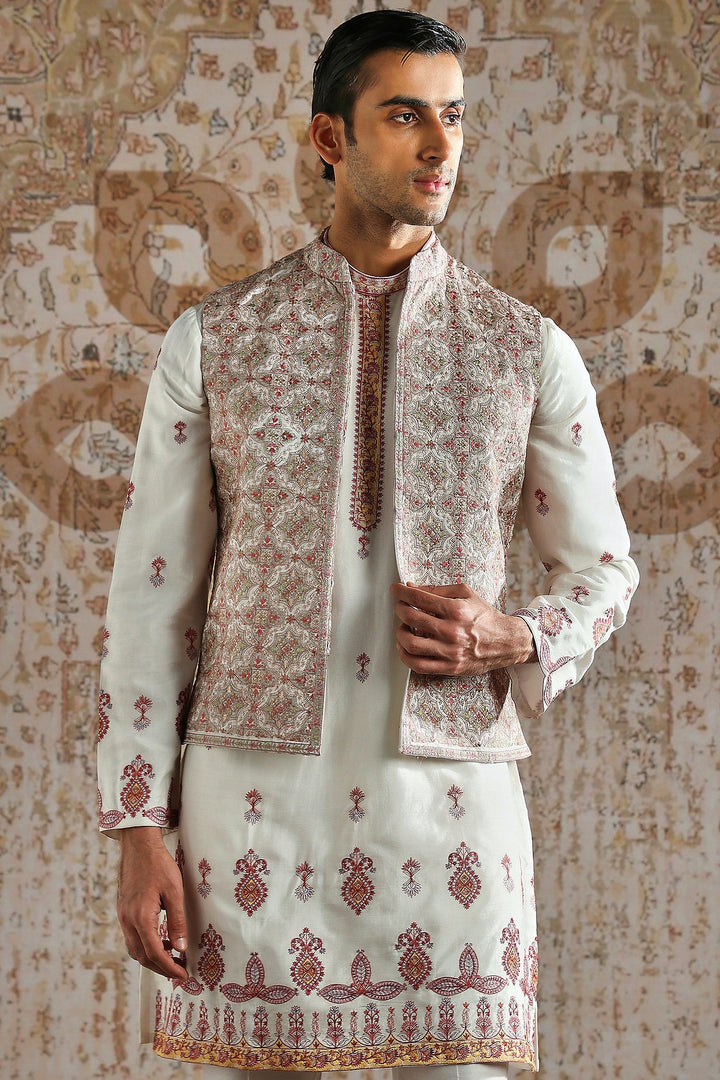 Ivory Rosewood Panel Embroidered Kurta Bundi Set