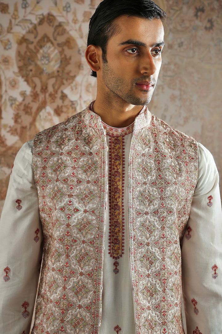 Ivory Rosewood Panel Embroidered Kurta Bundi Set