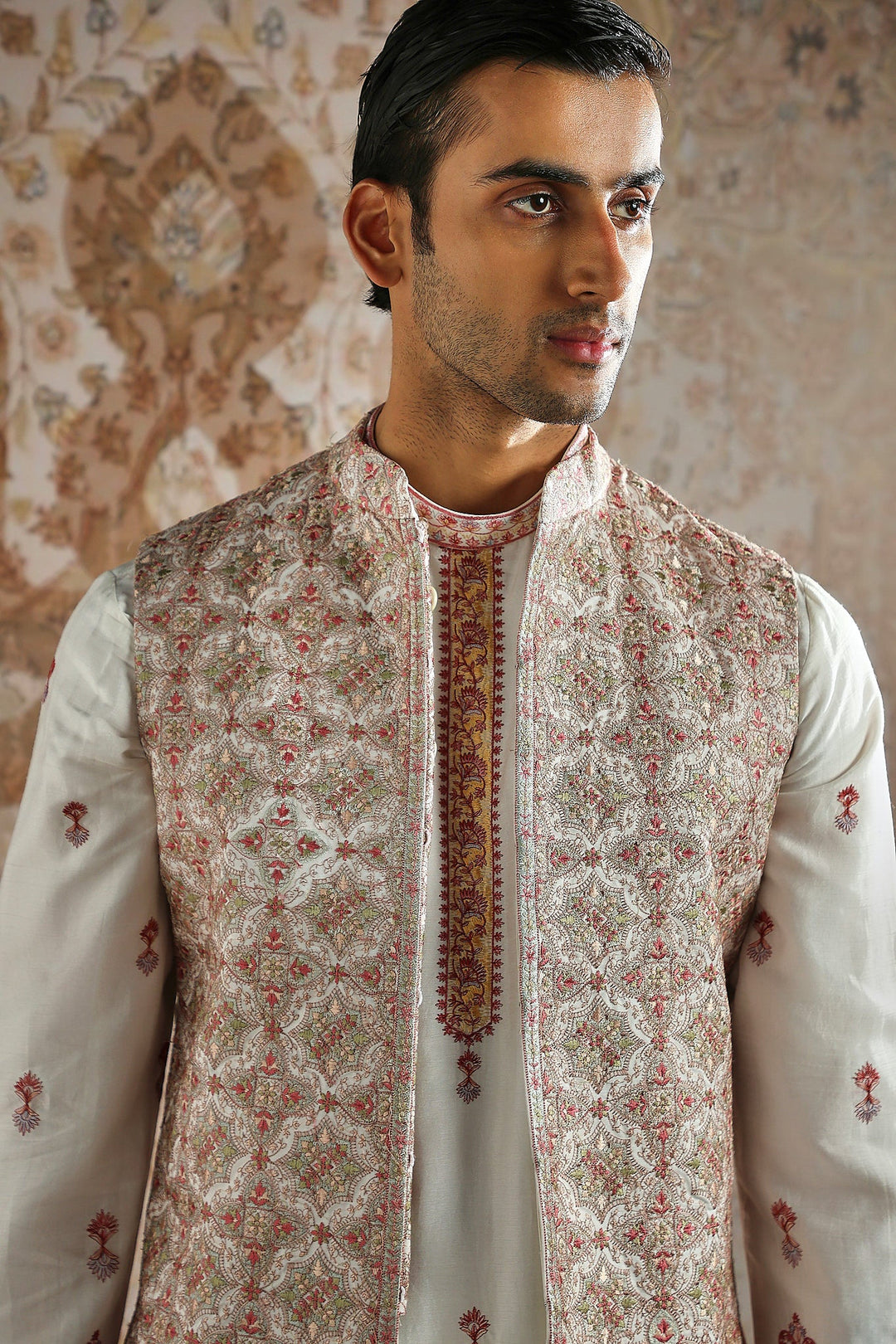 Ivory Rosewood Panel Embroidered Kurta Bundi Set