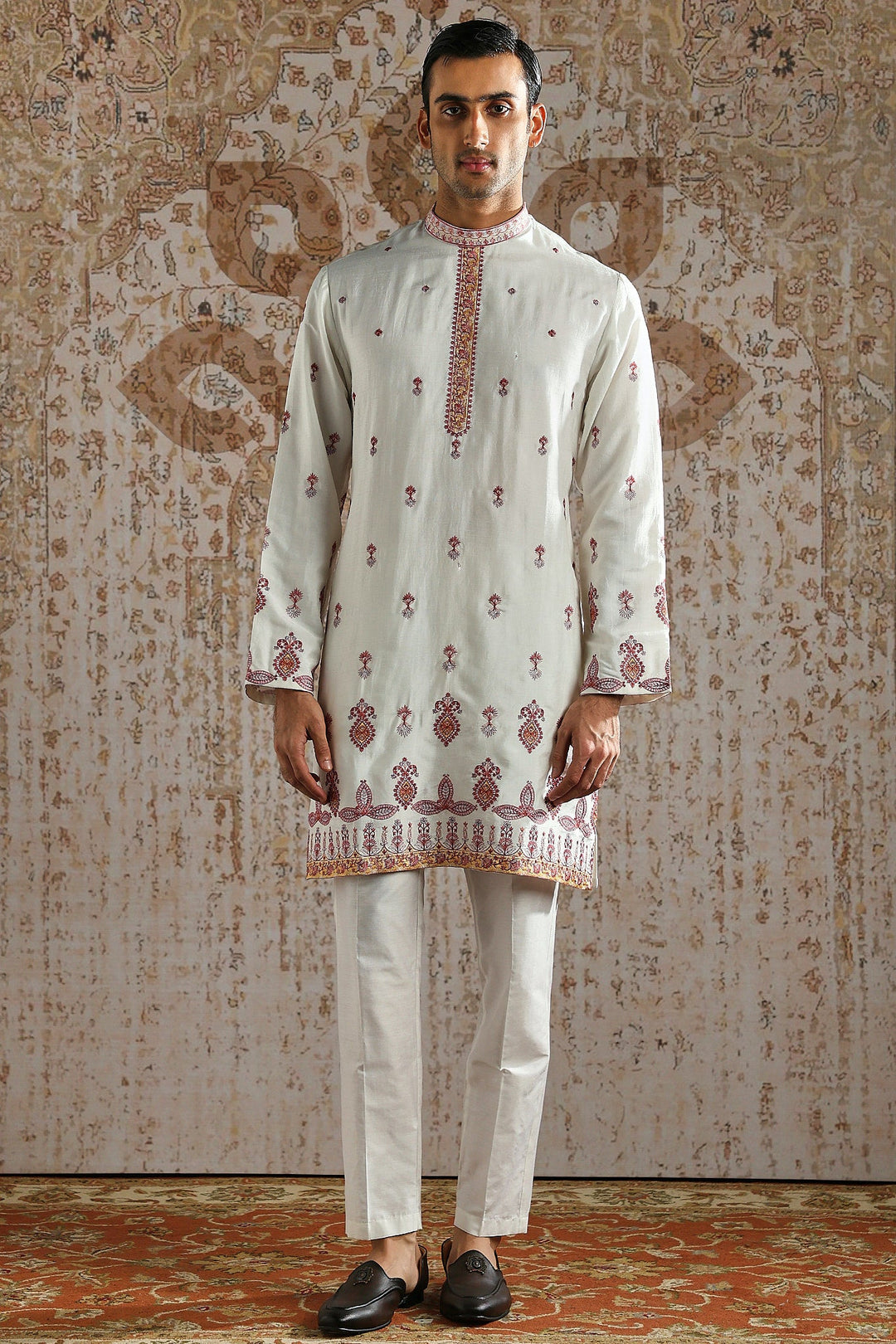 Ivory Rosewood Panel Embroidered Kurta Bundi Set