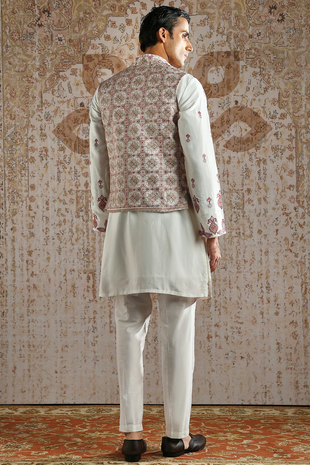 Ivory Rosewood Panel Embroidered Kurta Bundi Set