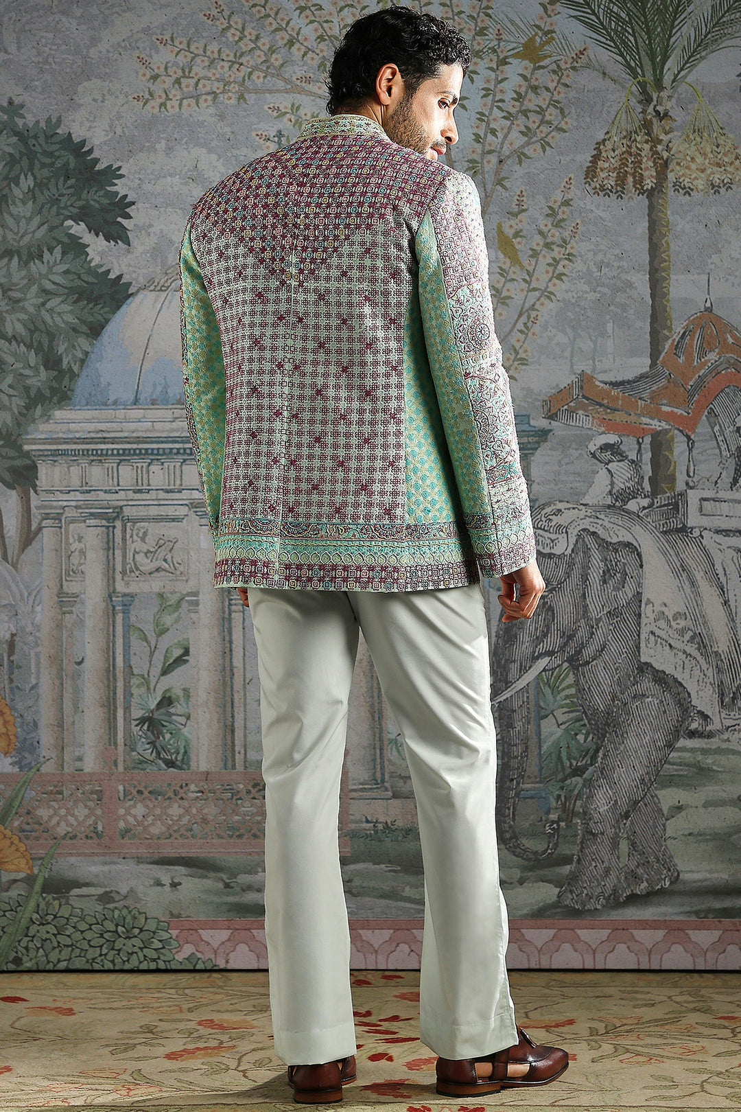 Sage Geometric Brocade Bandhgala Set
