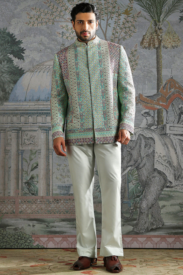 Sage Geometric Brocade Bandhgala Set