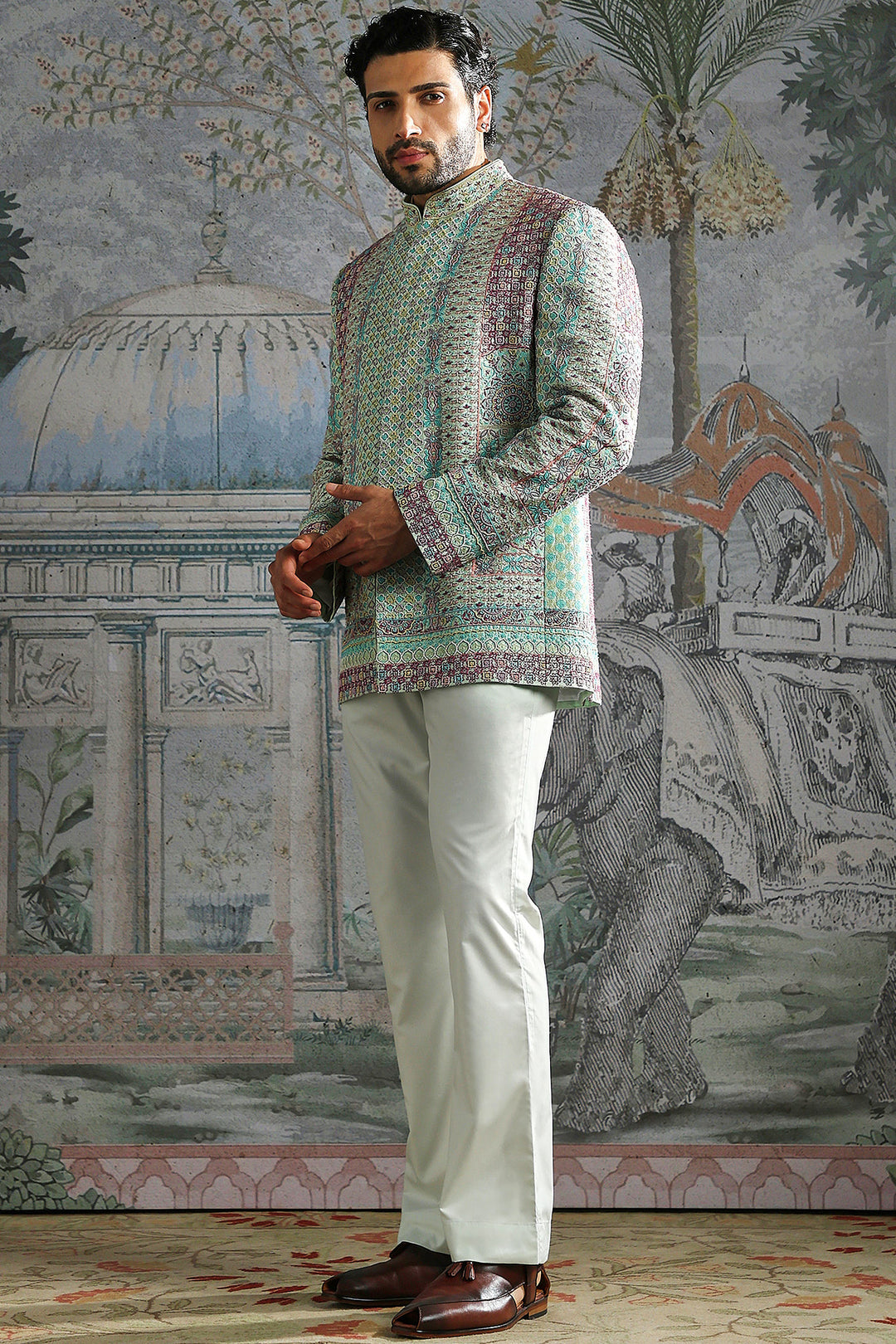 Sage Geometric Brocade Bandhgala Set