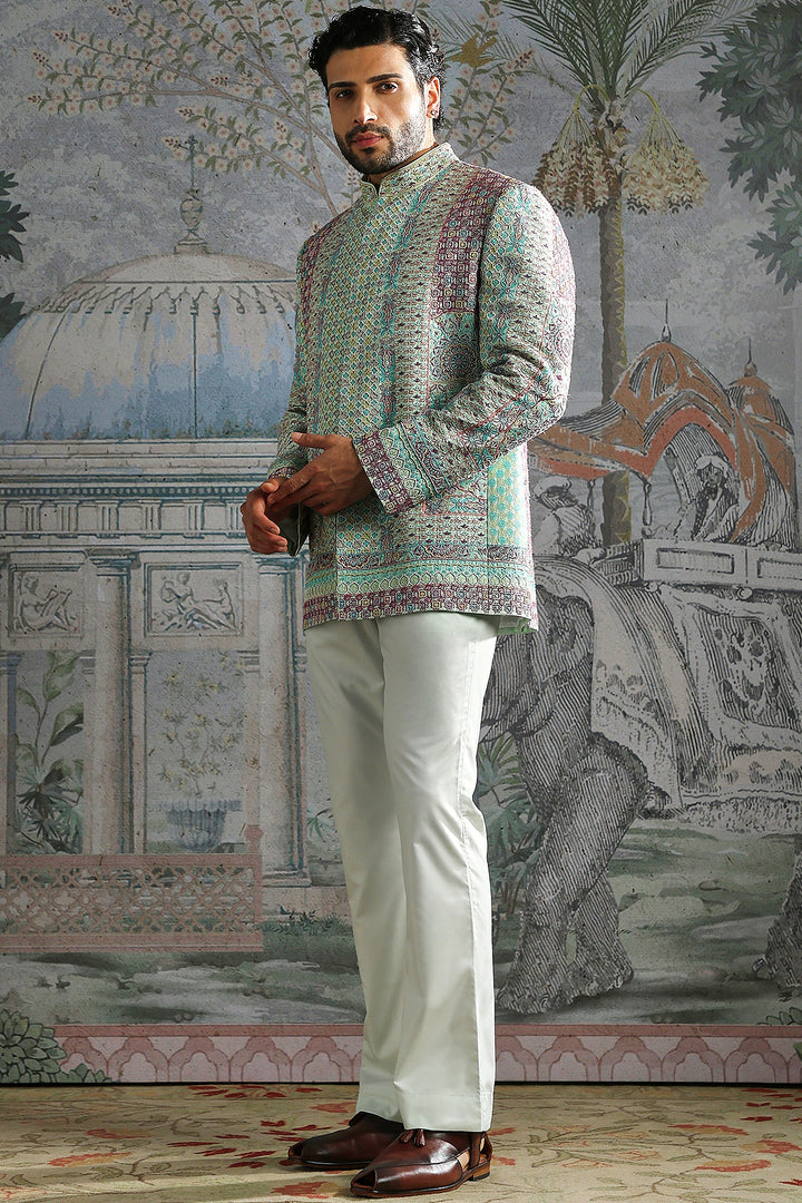 Sage Geometric Brocade Bandhgala Set