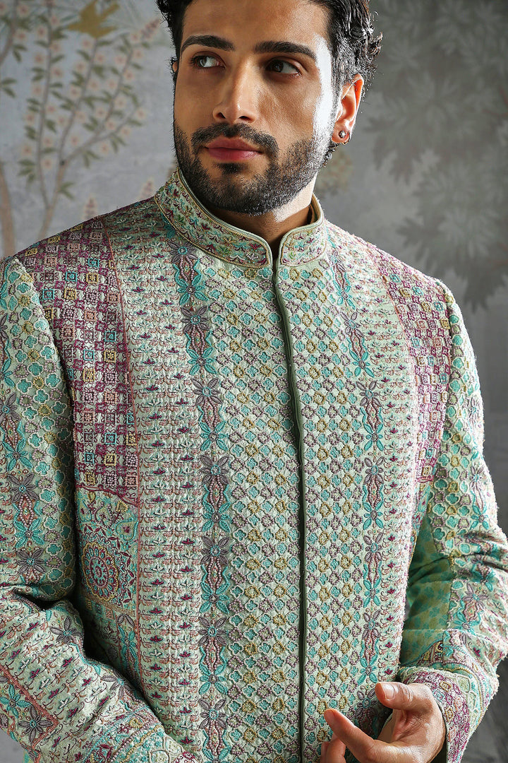 Sage Geometric Brocade Bandhgala Set