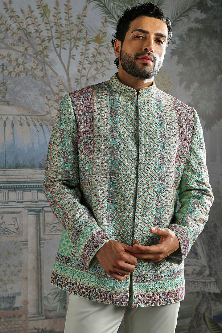 Sage Geometric Brocade Bandhgala Set