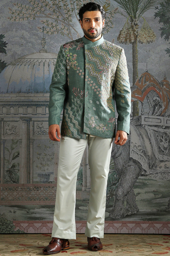 Teal Heritage Crest Embroidered Bandhgala Set