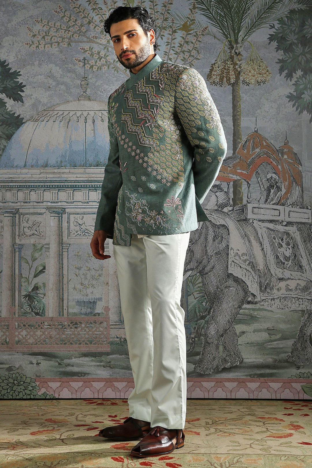 Teal Heritage Crest Embroidered Bandhgala Set