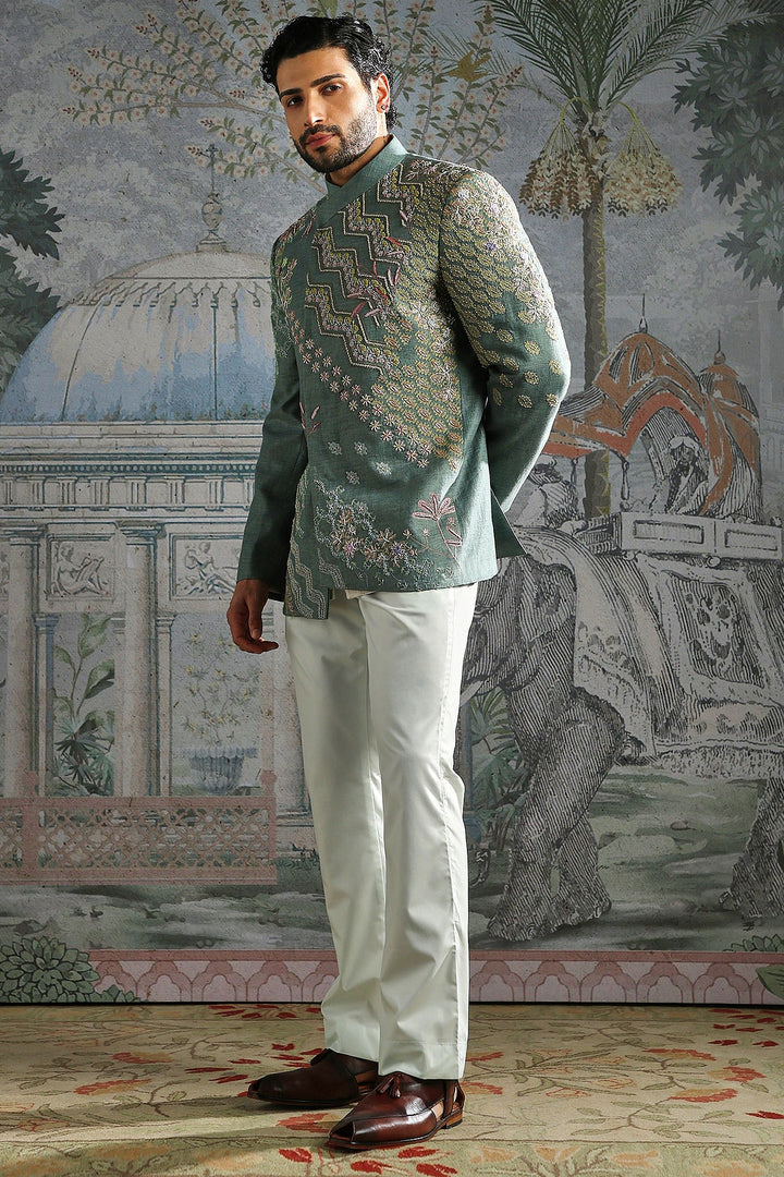 Teal Heritage Crest Embroidered Bandhgala Set