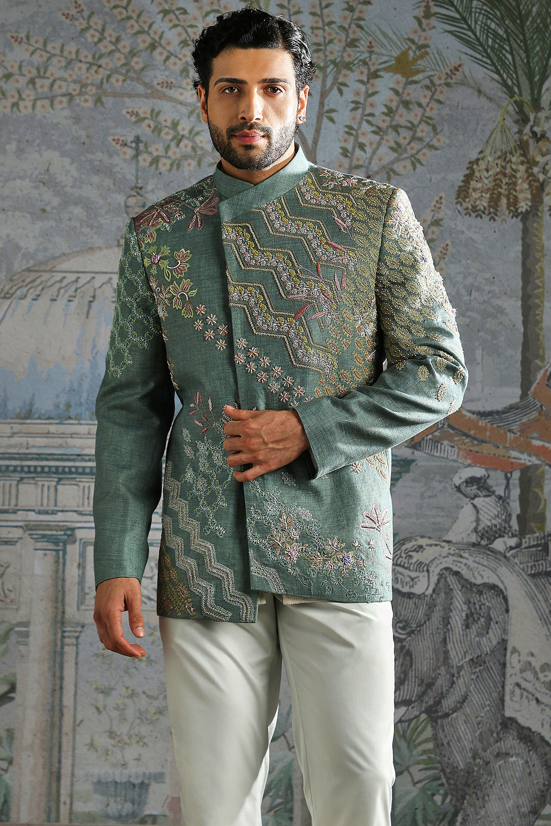 Teal Heritage Crest Embroidered Bandhgala Set