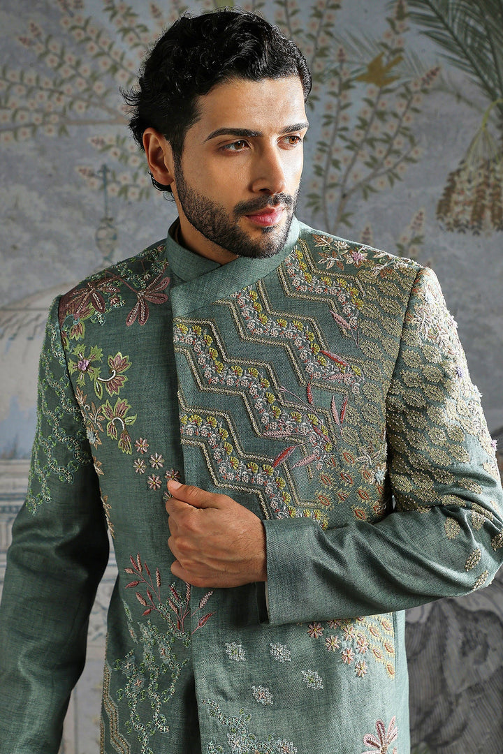 Teal Heritage Crest Embroidered Bandhgala Set