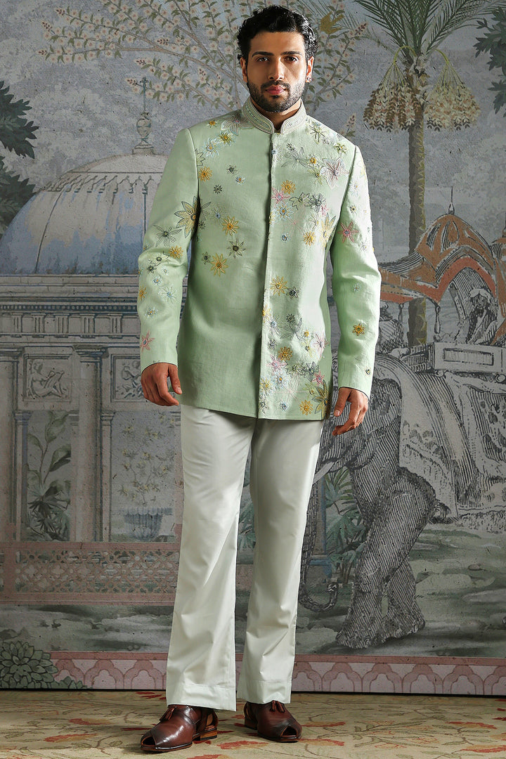 Mint Regal Texture Embroidered Bandhgala Set