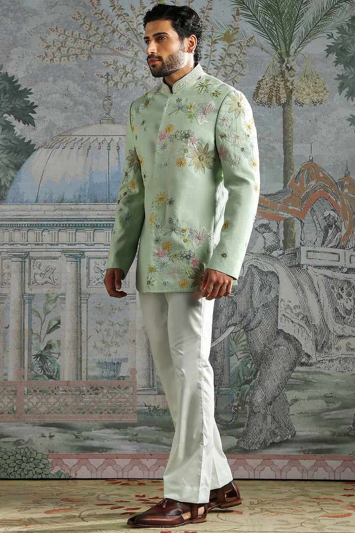 Mint Regal Texture Embroidered Bandhgala Set