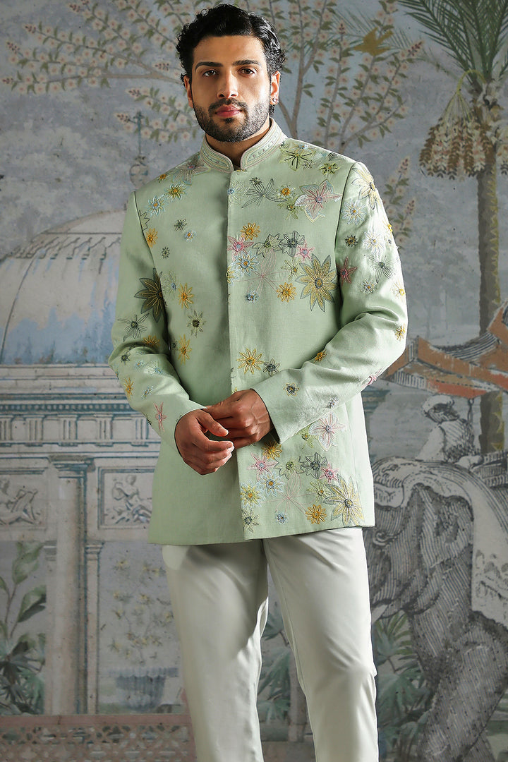 Mint Regal Texture Embroidered Bandhgala Set