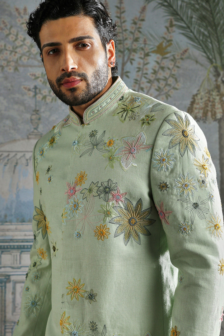 Mint Regal Texture Embroidered Bandhgala Set