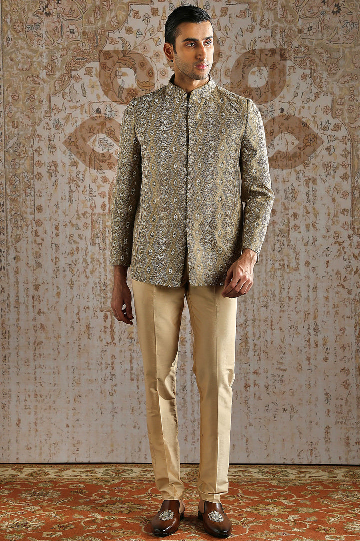 Champagne Antique Pattern Bandhgala Set