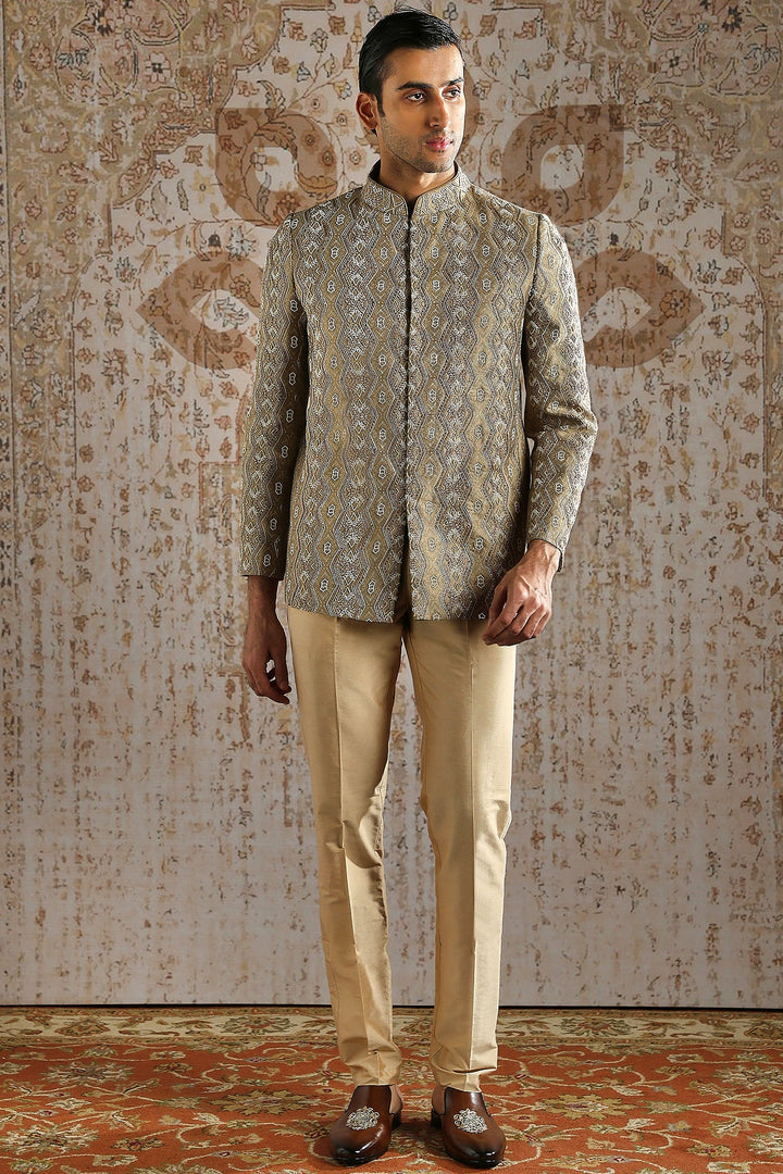 Champagne Antique Pattern Bandhgala Set