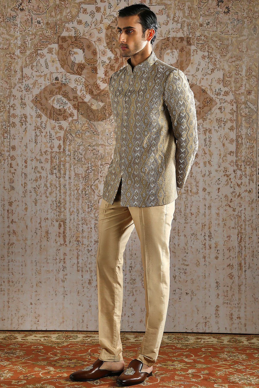 Champagne Antique Pattern Bandhgala Set