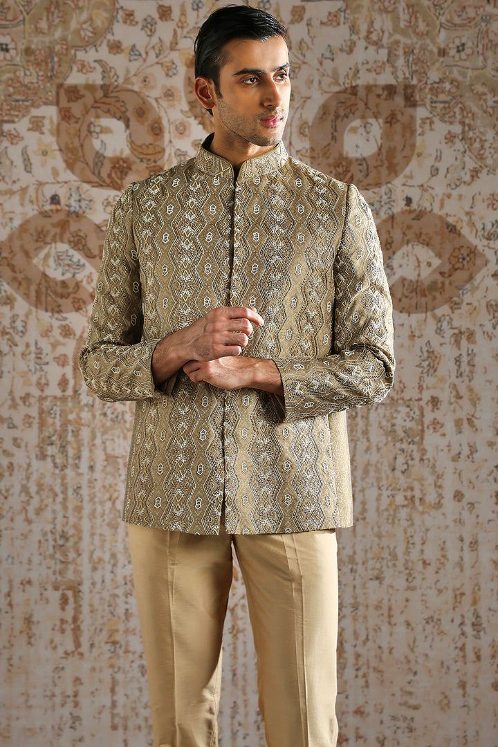 Champagne Antique Pattern Bandhgala Set