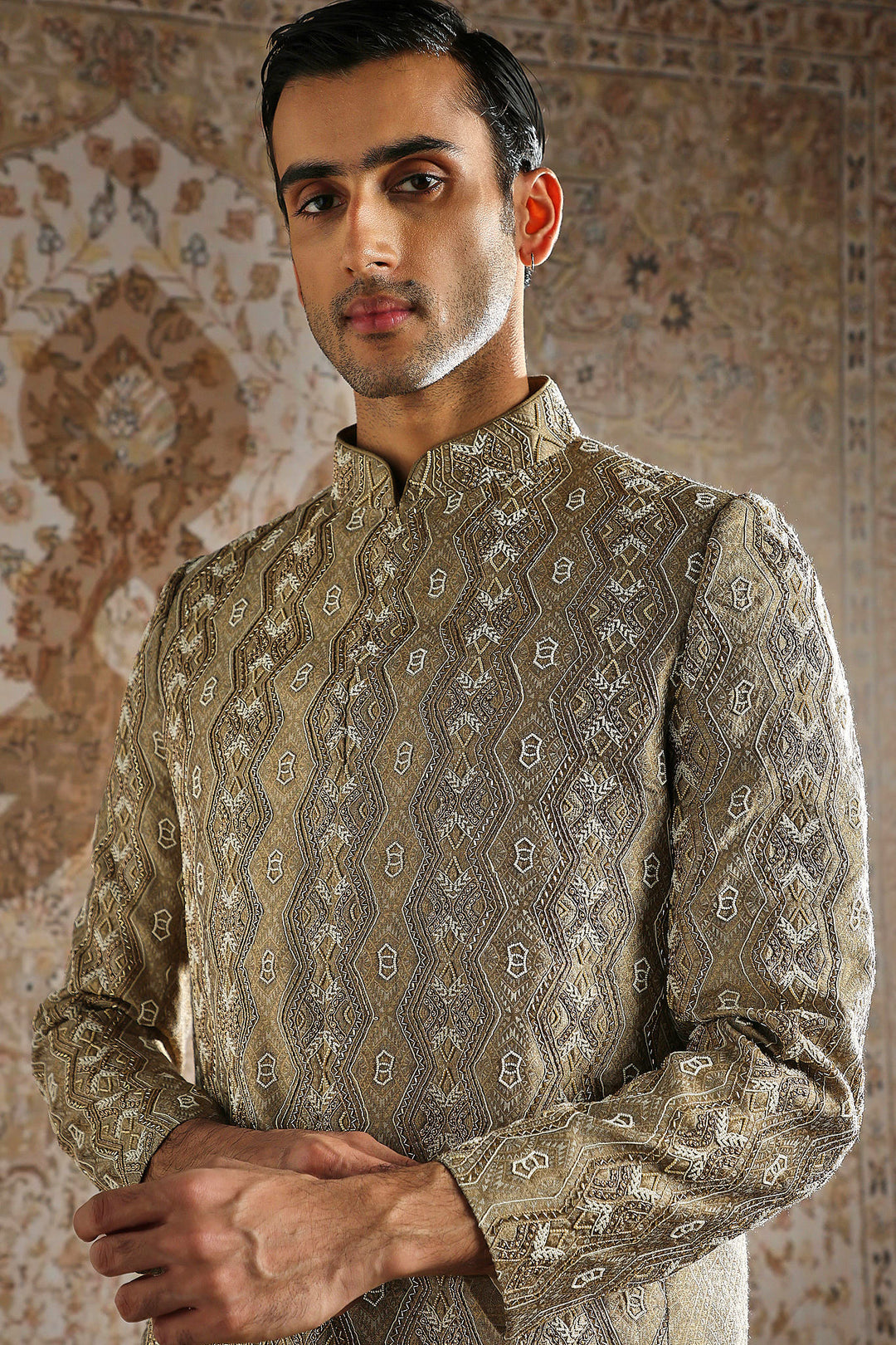 Champagne Antique Pattern Bandhgala Set