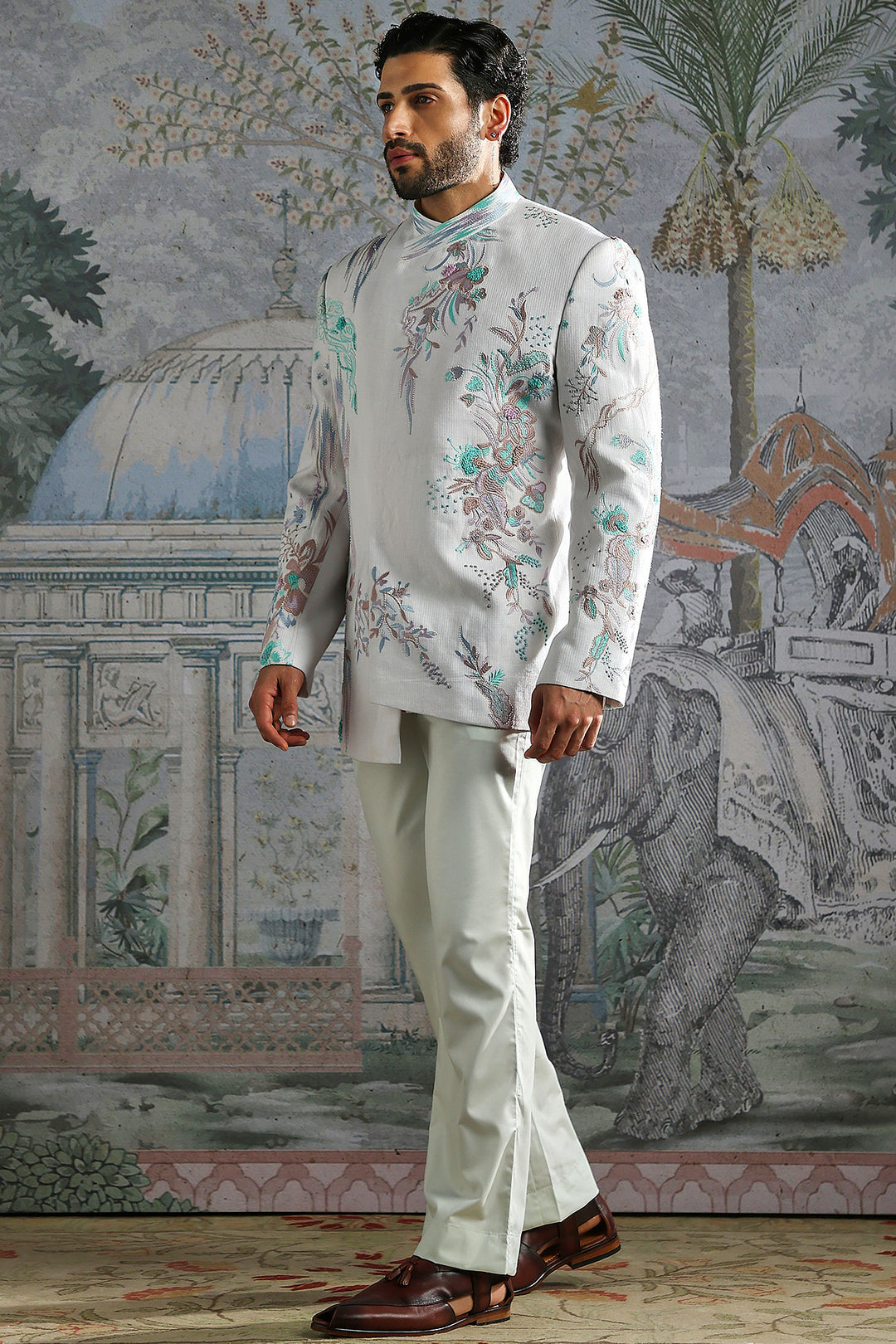 Frost White Mughal Motif Bandhgala Set