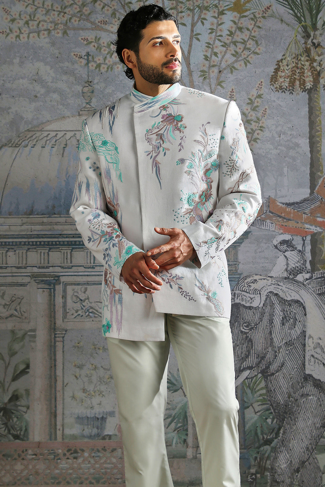 Frost White Mughal Motif Bandhgala Set